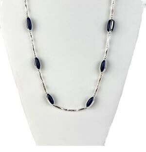 Liz Claiborne Necklace Blue Oval Smooth Stones Station Silver Tone Bar Chain Vtg